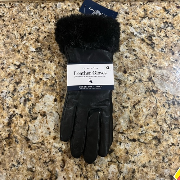 New - Charter Club Black Leather and Faux Fur-Trim Gloves - Picture 2 of 5